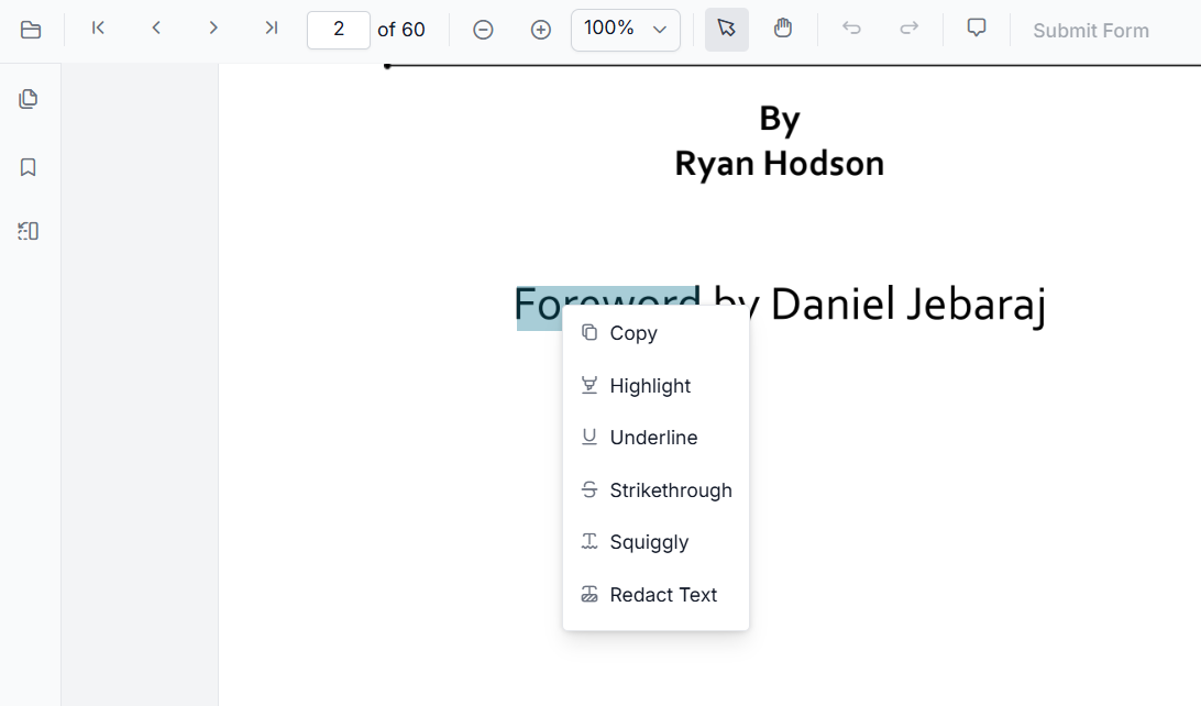 context menu on text