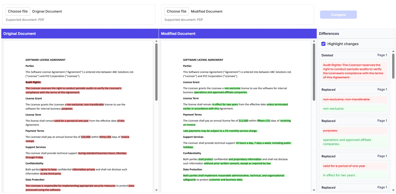 Differences panel shows all detected changes