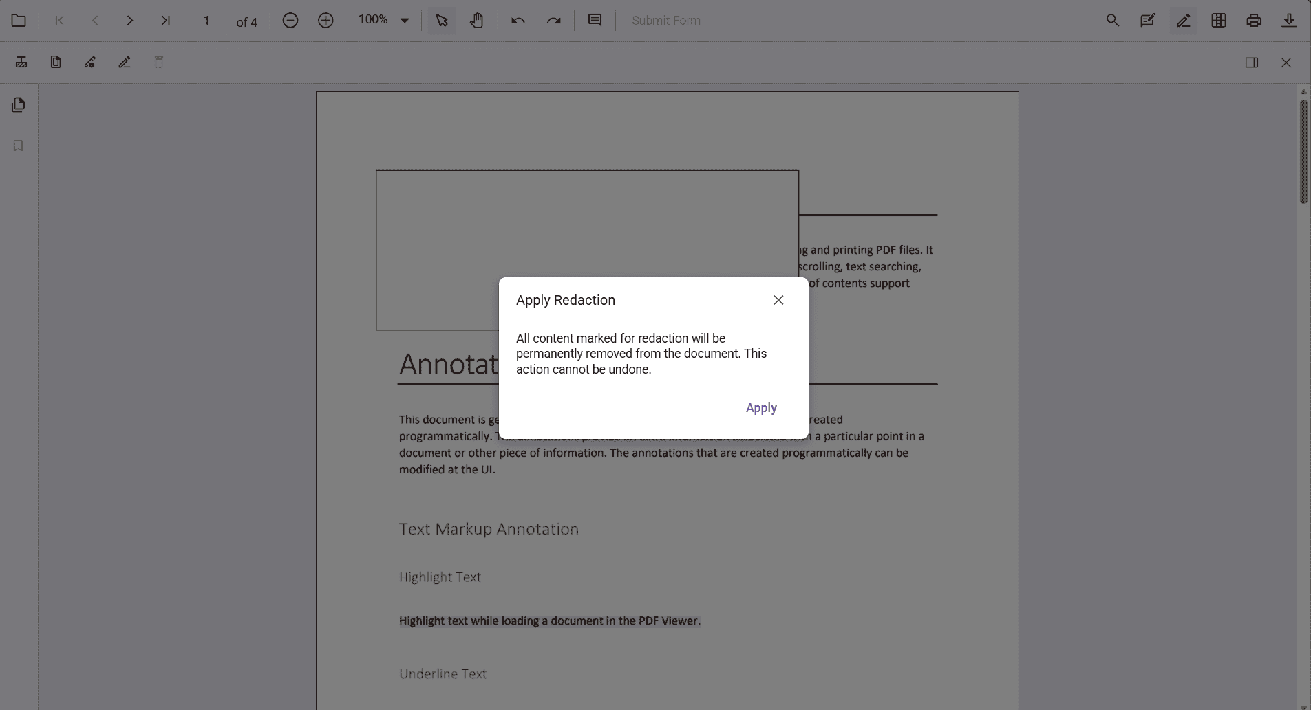 Confirmation dialog for applying redaction
