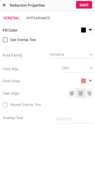 Redaction properties dialog preview