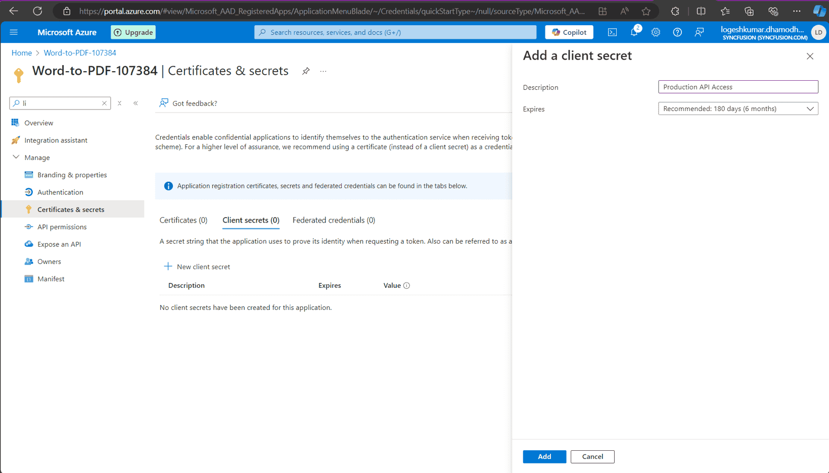Create client secret in Azure AD