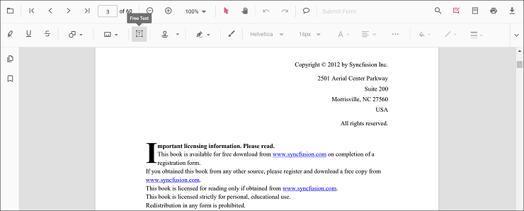 Free text tool in the annotation toolbar