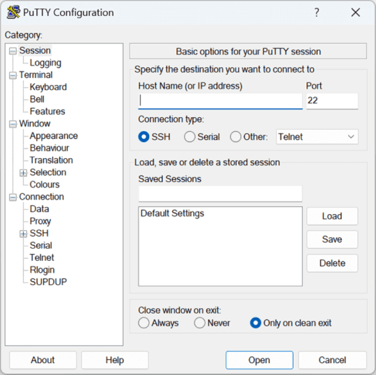Open PuTTY, enter the IP address