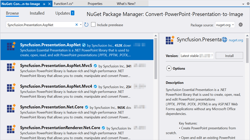 Install Syncfusion.Presentation.AspNet NuGet package