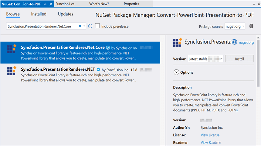 Install Syncfusion.PresentationRenderer.Net.Core NuGet package