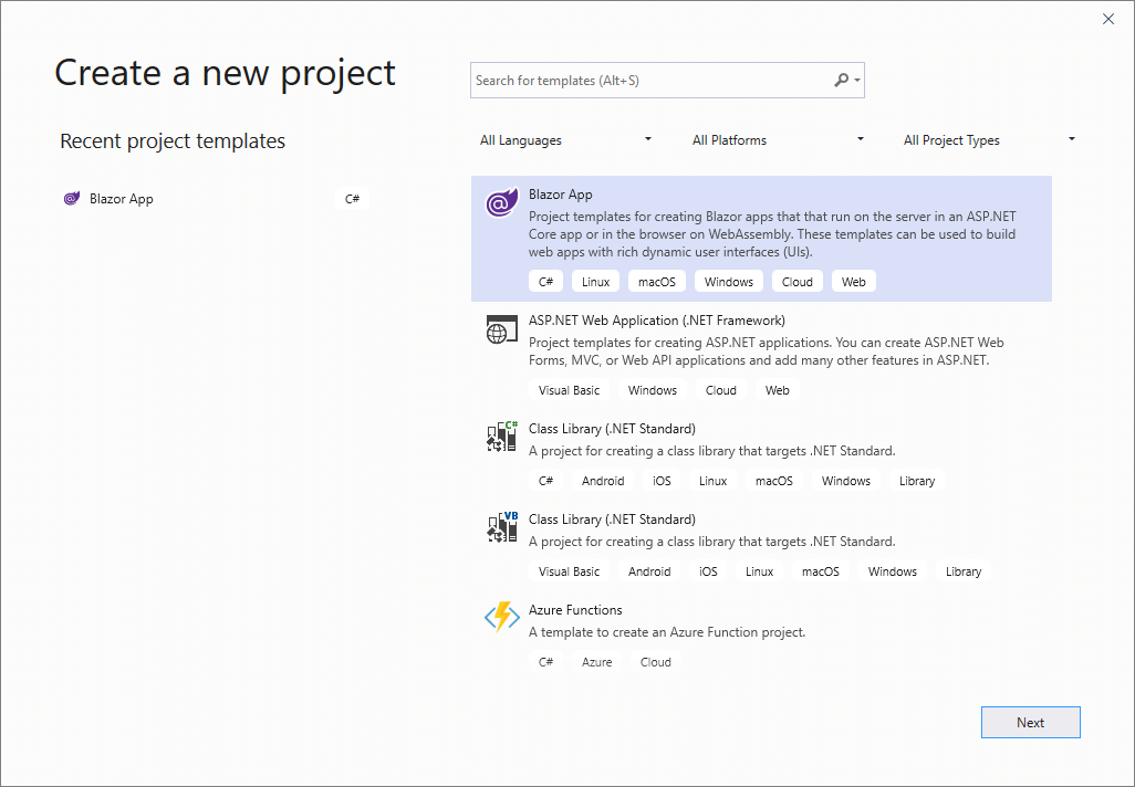 Create ASP.NET Core Web application in Visual Studio for Blazor PowerPoint presentation 