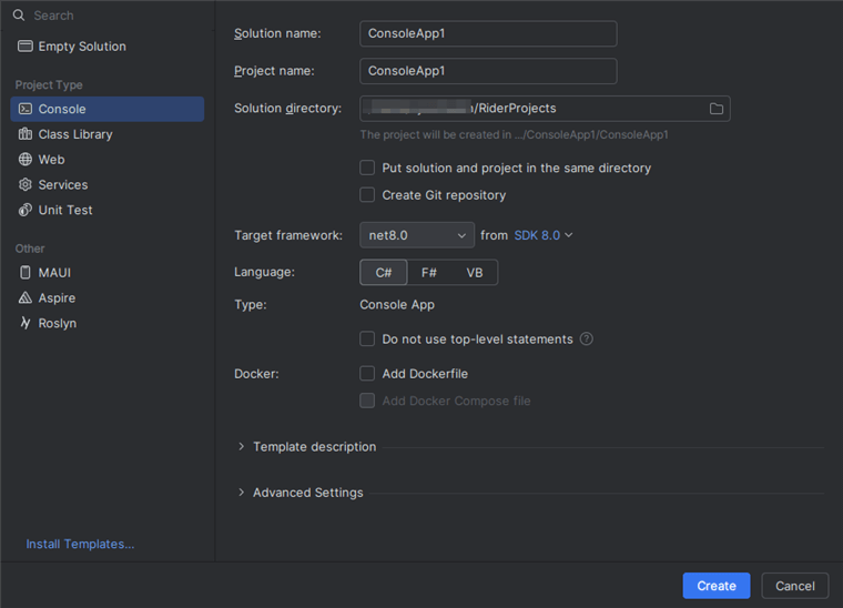 Creating a new .NET Core console application in JetBrains Rider