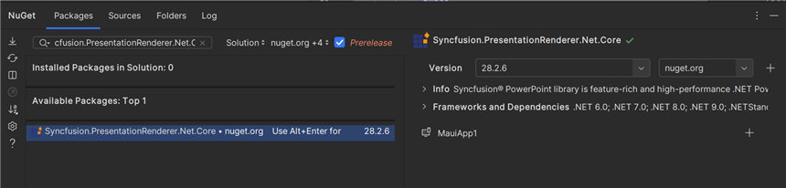 Select the Syncfusion.PresentationRenderer.Net.Core NuGet package