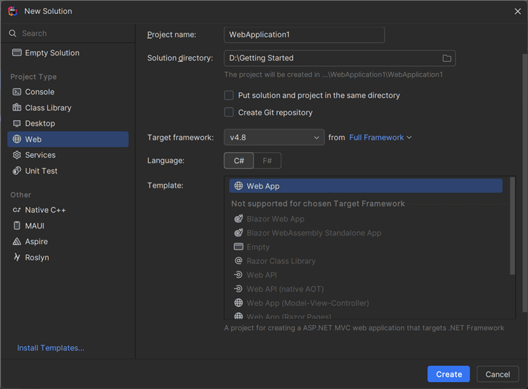 Creating a new ASP.NET MVC web application in JetBrains Rider