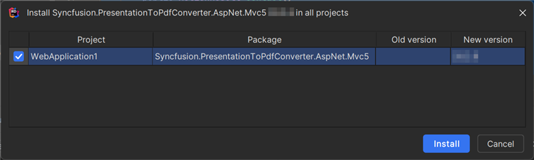 Install the Syncfusion.PresentationToPdfConverter.AspNet.Mvc5 NuGet package