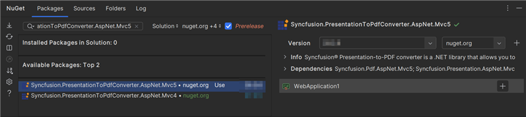 Select the Syncfusion.PresentationToPdfConverter.AspNet.Mvc5 NuGet package