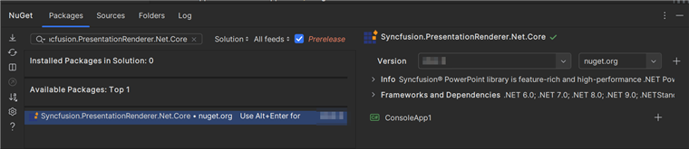 Select the Syncfusion.PresentationRenderer.Net.Core NuGet package