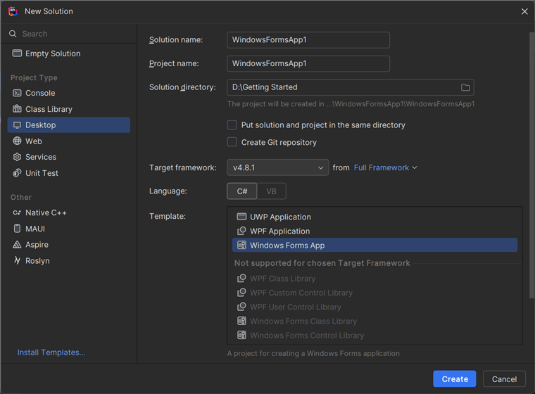 Creating a new Windows Forms App in JetBrains Rider