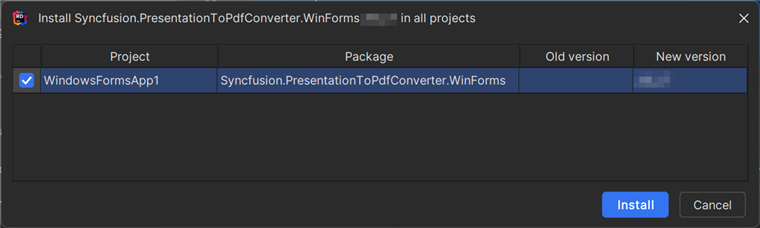 Install the Syncfusion.PresentationToPdfConverter.WinForms NuGet package