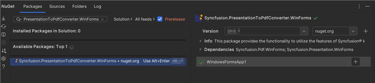 Select the Syncfusion.PresentationToPdfConverter.WinForms NuGet package