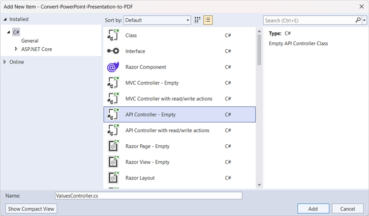 Add empty API controller to the project