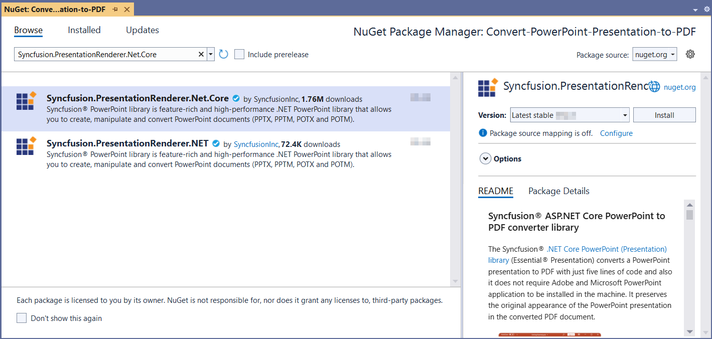 Install Syncfusion.Presentation.Net.Core NuGet Package