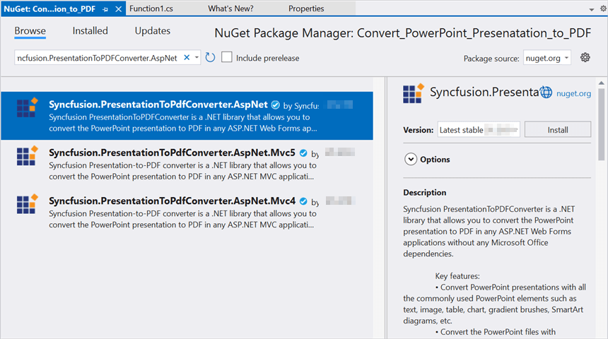 Install Syncfusion.PresentationToPdfConverter.AspNet NuGet package