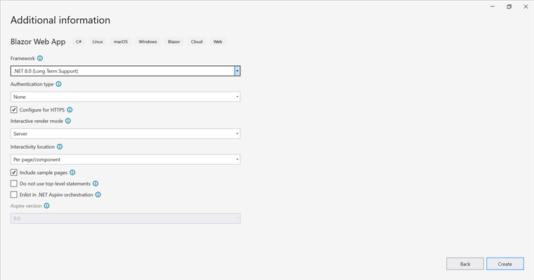 Select the framework in Blazor Web App Server in Visual Studio