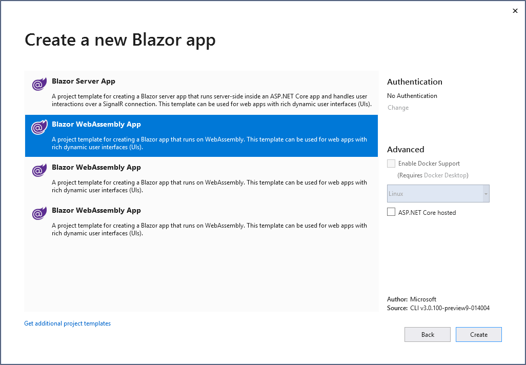 Select .NET Core, ASP.NET Core 3.0 and Blazor server_side.