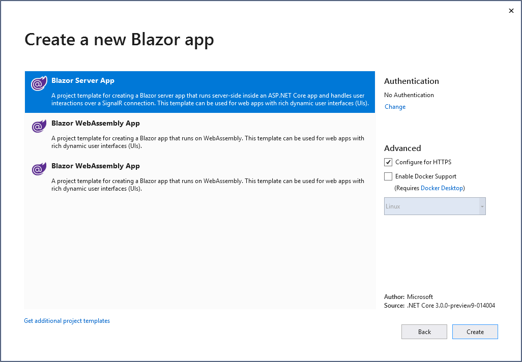 Select .NET Core, ASP.NET Core 3.0 and Blazor server_side.