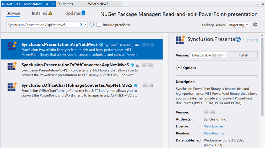 Install Syncfusion.PresentationToPdfConverter.AspNet.Mvc5 Nuget Package