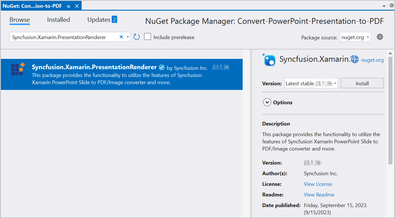 Install Syncfusion.Xamarin.PresentationRenderer Nuget Package