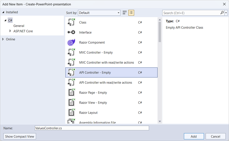 Add empty API controller to the project