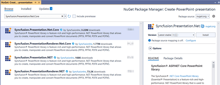 Install Syncfusion.Presentation.Net.Core NuGet Package