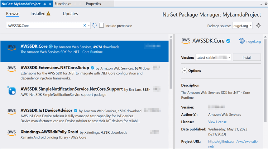 Install AWSSDK.Core Nuget Package