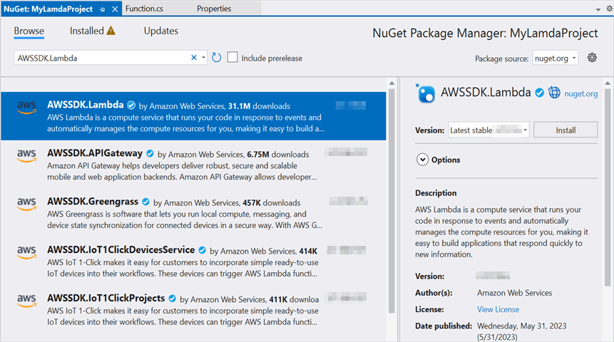 Install AWSSDK.Lambda Nuget Package