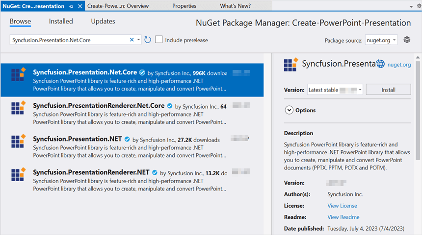 Install Syncfusion.Presentation.Net.Core Nuget Package