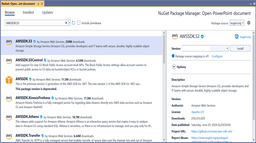 Install AWSSDK.S3 NuGet Package