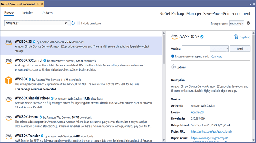 Install AWSSDK.S3 NuGet Package