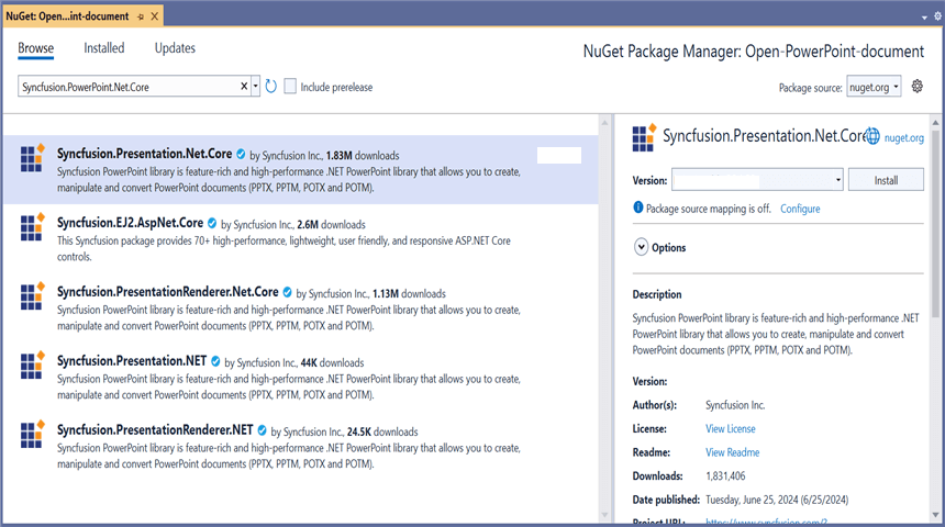 Install Syncfusion.Presentation.Net.Core NuGet Package