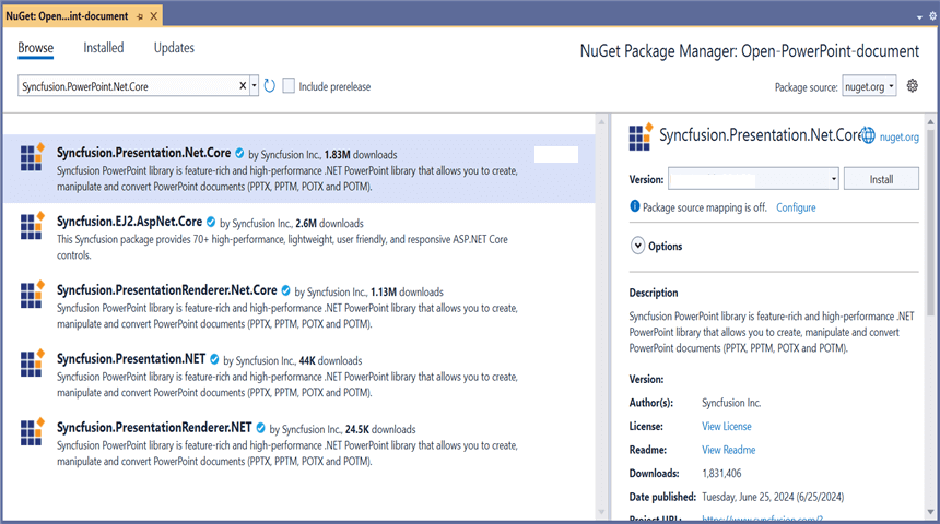 Install Syncfusion.Presentation.Net.Core NuGet Package