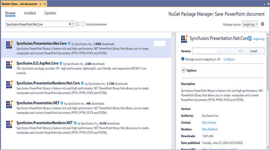 Install Syncfusion.Presentation.Net.Core NuGet Package