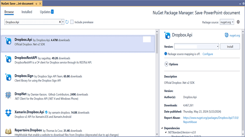 Install Dropbox.Api NuGet Package
