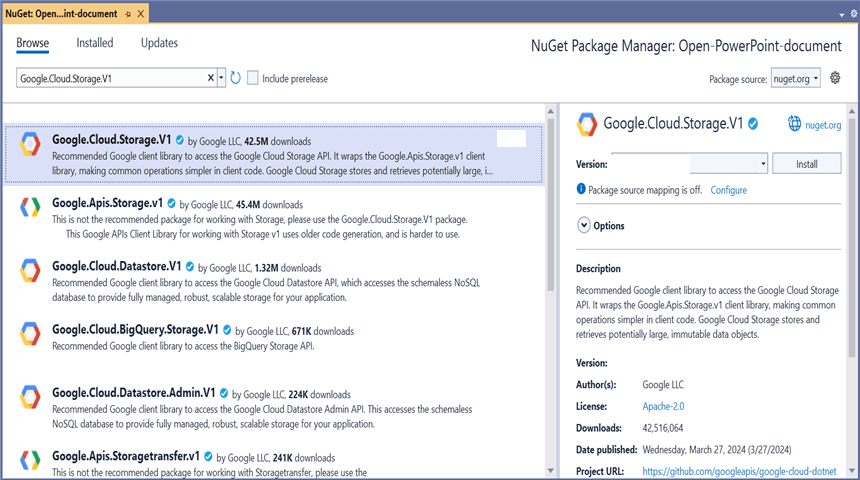 Install Google.Cloud.Storage.V1 NuGet Package