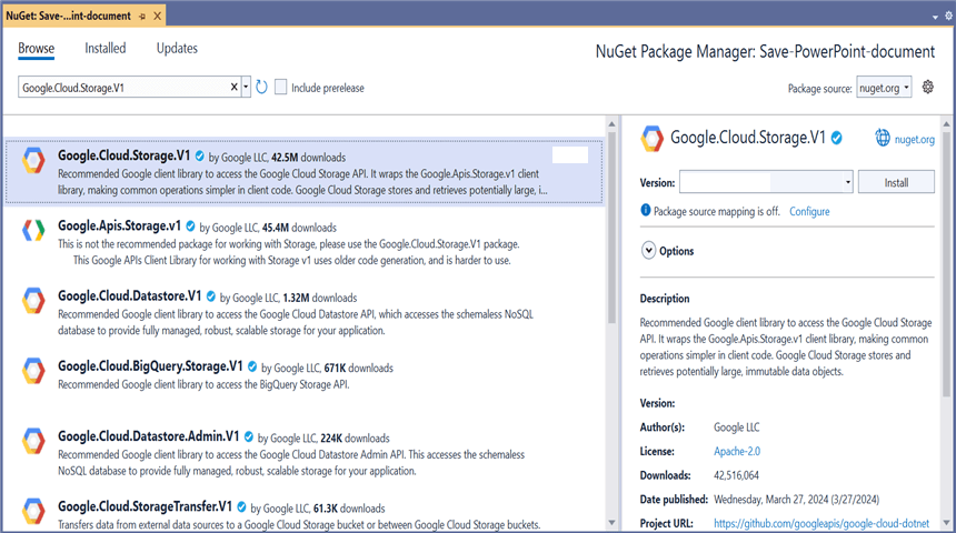 Install Google.Cloud.Storage.V1 NuGet Package