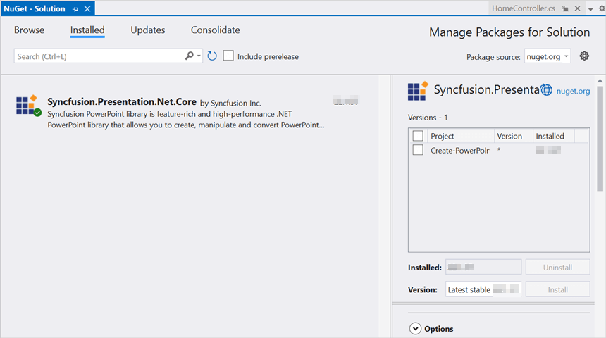 Install Syncfusion.Presentation.Net.Core NuGet package