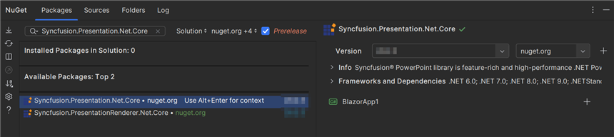 Select the Syncfusion.Presentation.Net.Core NuGet package