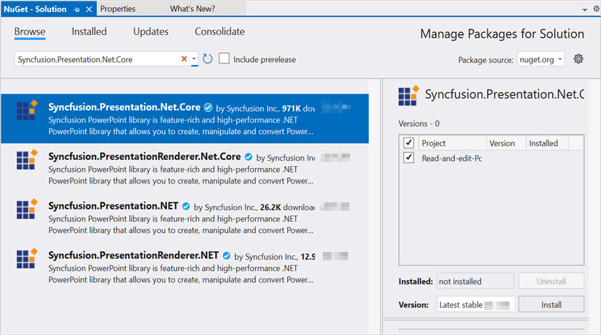 Install Syncfusion.Presentation.Net.Core NuGet package