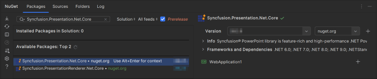 Select the Syncfusion.Presentation.Net.Core NuGet package