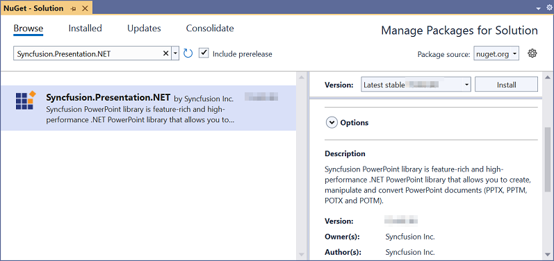 Install Syncfusion.Presentation.NET NuGet package
