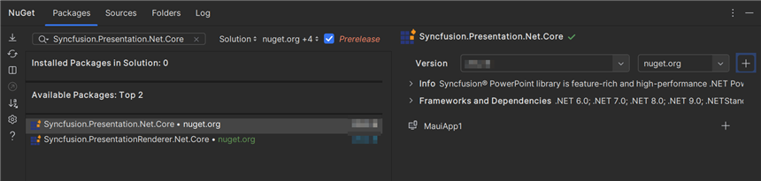 Select the Syncfusion.Presentation.Net.Core NuGet package