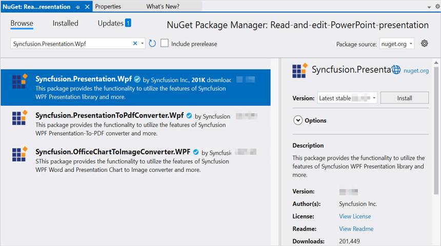 Install Syncfusion.Presentation.Wpf Nuget Package