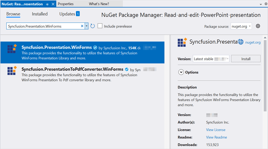 Install Syncfusion.Presentation.WinForms Nuget Package