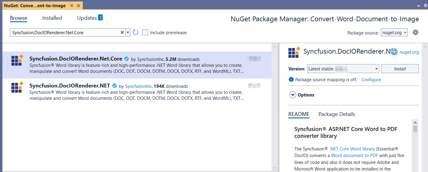 Install Syncfusion.DocIORenderer.Net.Core NuGet Package