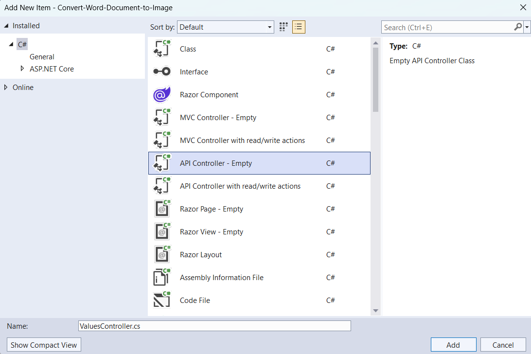 Add empty API controller to the project